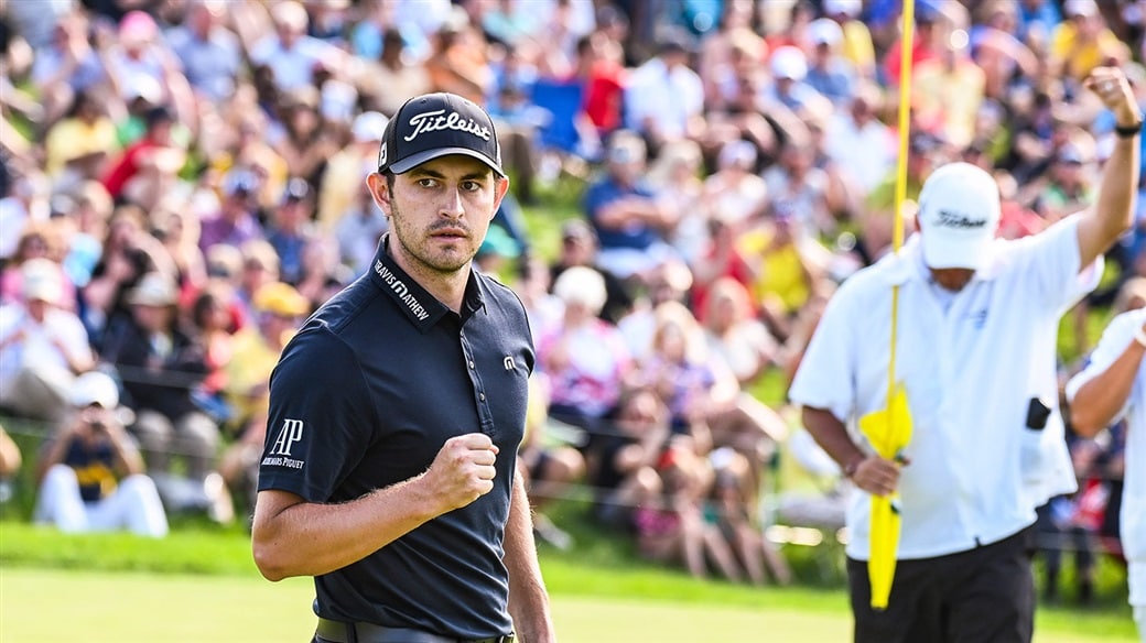 Patrick Cantlay reacts after sealing victory at The Memorial in 2019.