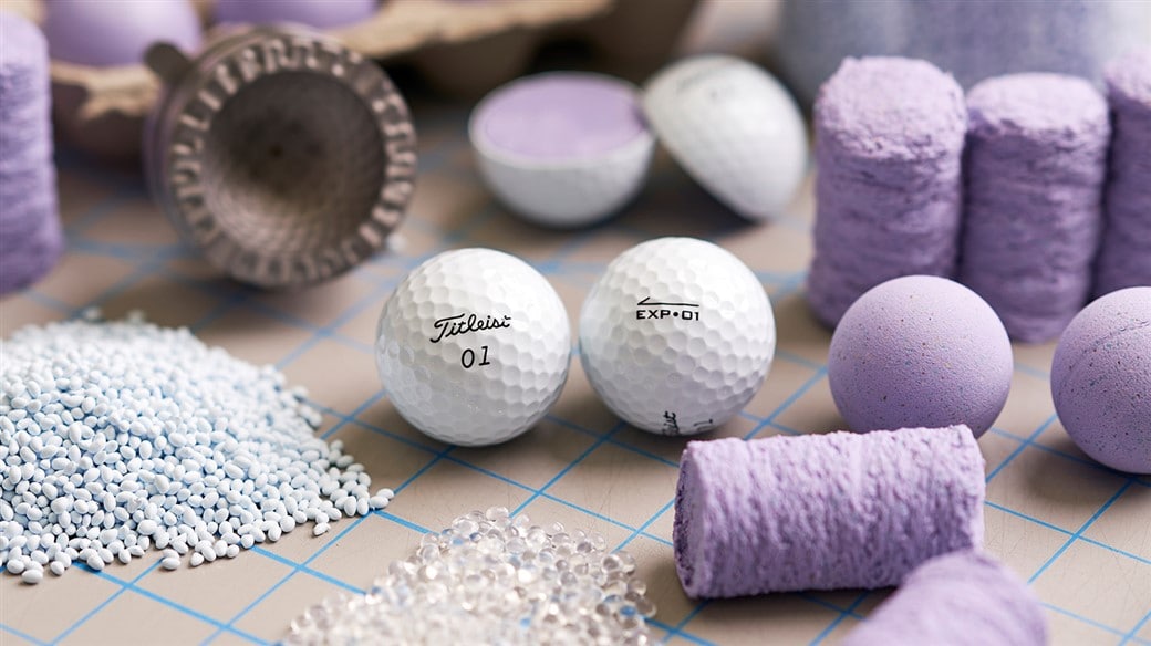 Photo of New Titleist EXP•01 Golf Ball in Titleist R&D along with the component materials it is made from