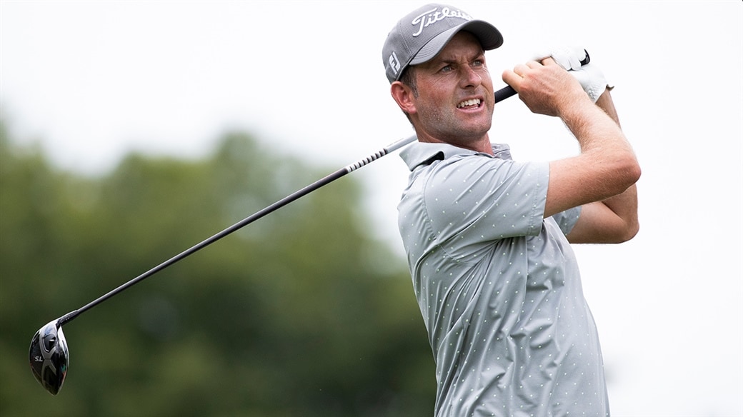 Webb Simpson hits a tee shot with his Titleist TS3 driver