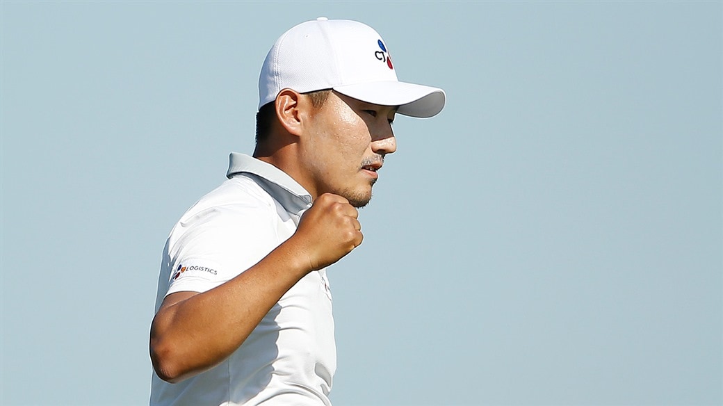 Sung Kang celebrates after a birdie putt at the 2019 AT&T Byron Nelson