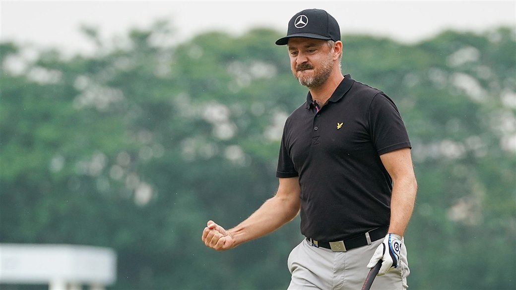 Mikko Korhonen celebrates the winning putt as his Pro V1 golf ball finds the bottom of the cup at the 2019 Volvo China Open