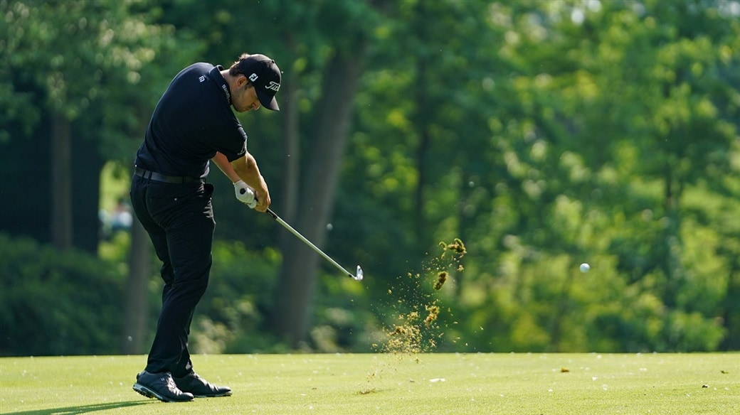 Patrick flights an iron shot wit his Pro V1x golf ball during action on the 2019 PGA Tour.