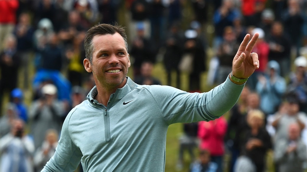 Paul Casey salutes the gallery after winning the 2019 Porsche European Open