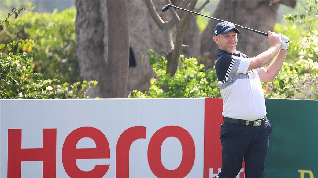  Titleist player Stephen Gallacher hits a tee shot at the 2019 Hero Indian Open
