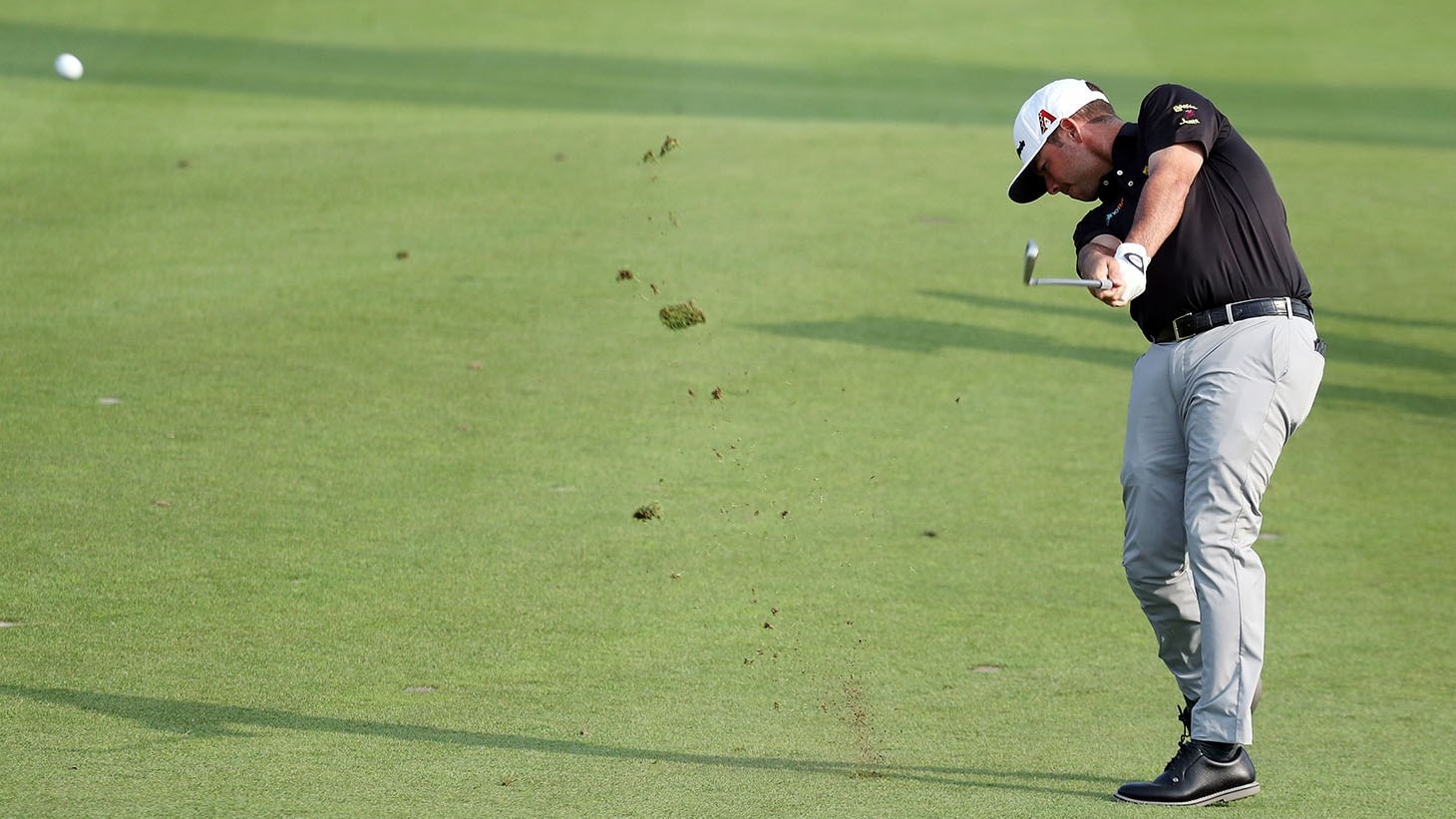 Pro V1 golf ball player Chez Reavie hits an approach shot during 3rd round action at the 2019 Travelers Championship