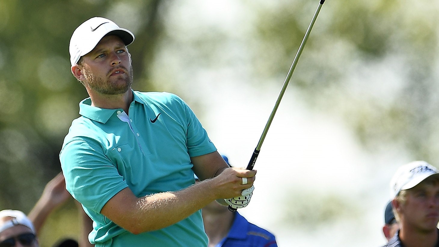 Tom Lewis watches his Pro V1x golf ball head towards the green during action at the Korn Ferry Tour Championship